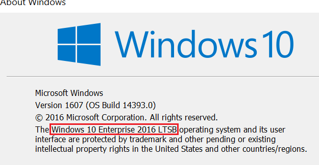 Microsoft example of About Windows showing Windows 10 at the top and the version and OS build beneath it